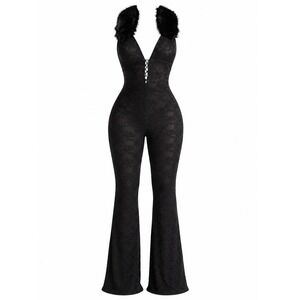 Jumpsuit Lace Black Faux Fur Collar Sz Medium